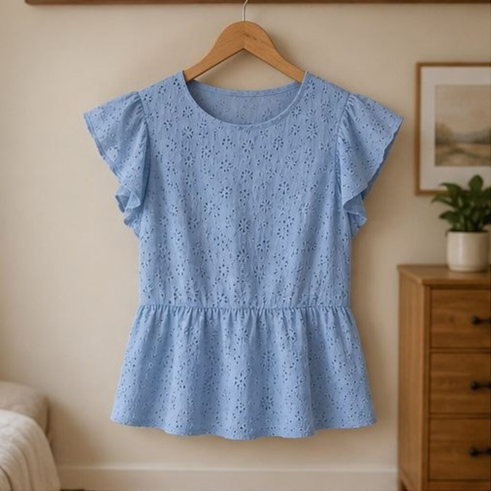 Powder Blue Eyelet Peplum Blouse